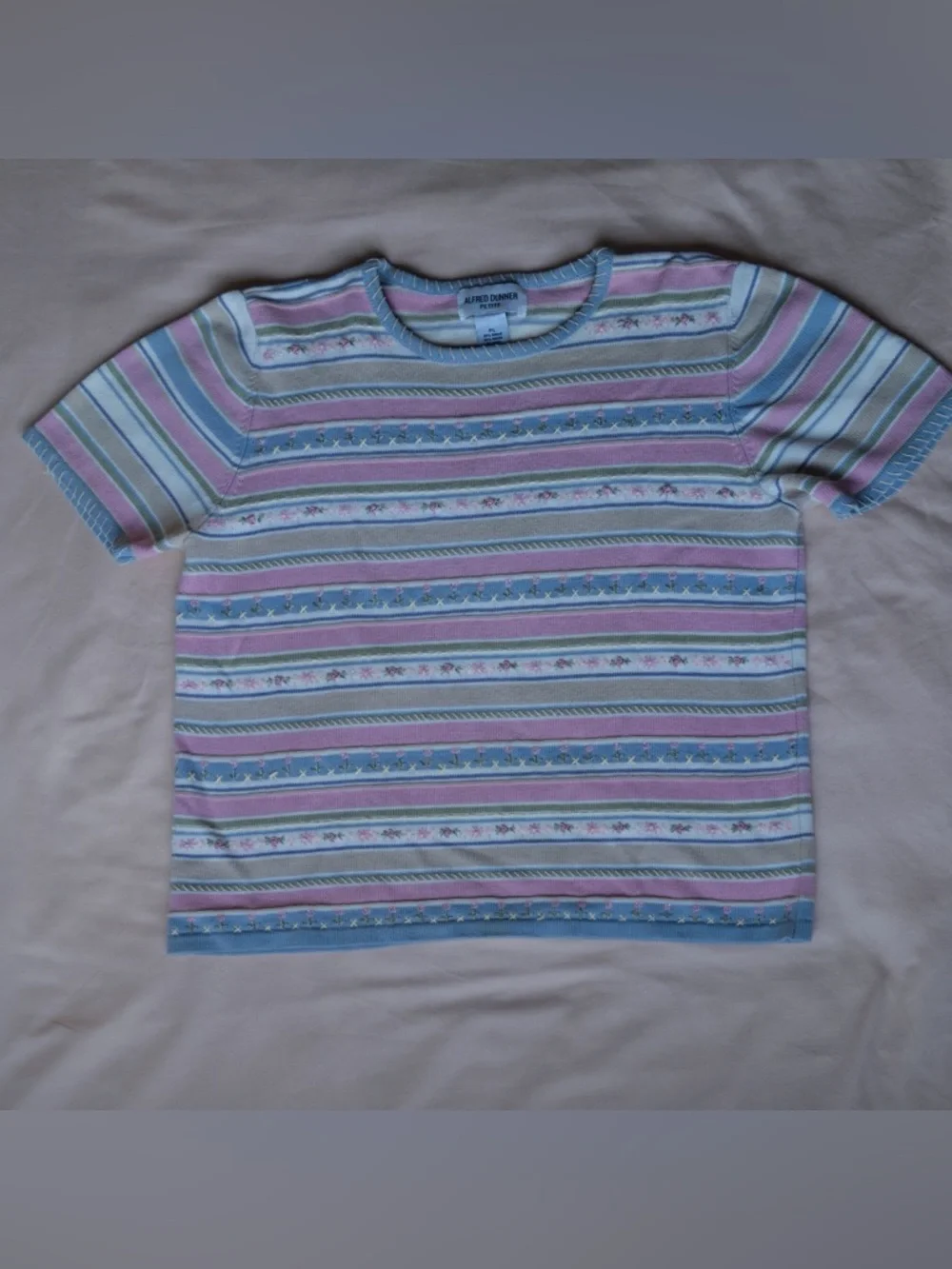 Alfred‎ Dunner Pastel Stripe Beaded Knit Top Vintage Feminine Sweater LP